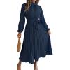 meilun Stand-up Collar Long-Sleeve Midi Dress with Tie-Waist and Pleats Versatile Casual Dress(Navy)