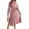 meilun Stand-up Collar Long-Sleeve Midi Dress with Tie-Waist and Pleats Versatile Casual Dress(Pink)