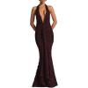 meilun Tie Pleated Maxi Dress Deep V Neck Backless Hip Embroidered Dresses Holiday Seaside Party(Brown)