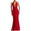 meilun Tie Pleated Maxi Dress Deep V Neck Backless Hip Embroidered Dresses Holiday Seaside Party(Red)