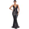 meilun Womens Deep V Elegant Striped Backless Dresses Sequin Bodycon Maxi Party Reflective Dress(Black)