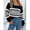 meilun Contrast-Striped Sweater with Bell Sleeves, Metal Buttons, and Off-Shoulder Design(Grey)