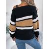 meilun Contrast-Striped Sweater with Bell Sleeves, Metal Buttons, and Off-Shoulder Design(Khaki)