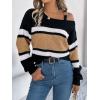 meilun Contrast-Striped Sweater with Bell Sleeves, Metal Buttons, and Off-Shoulder Design(Khaki)