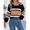 meilun Contrast-Striped Sweater with Bell Sleeves, Metal Buttons, and Off-Shoulder Design(Khaki)