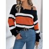 meilun Contrast-Striped Sweater with Bell Sleeves, Metal Buttons, and Off-Shoulder Design(Orange)