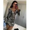 meilun Deep V Dress Sequin Dresses with Drawstring Long Sleeve Evening Dress for Women Short Gown(A-silver)