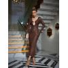 meilun Deep V Dress with Drawstring Long Sleeve Sequin Dress for Women Long Gown(Brown)