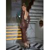 meilun Deep V Dress with Drawstring Long Sleeve Sequin Dress for Women Long Gown(Brown)