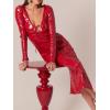 meilun Deep V Dress with Drawstring Long Sleeve Sequin Dress for Women Long Gown(Red)
