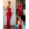 meilun Deep V Formal Dress with Flower Sleeveless Sequin Dress for Women Long Evening Gown(A-red)