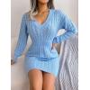 meilun Fitted Twist-Detail Pencil Skirt Dress V-Neck Fitted Casual Dress Fall/Winter(Blue)