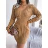 meilun Fitted Twist-Detail Pencil Skirt Dress V-Neck Fitted Casual Dress Fall/Winter(Khaki)