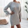 meilun Long-Sleeve Off-The-Shoulder Knit Dress Casual Loose-Fit Knit Dresses(Grey)