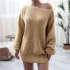 meilun Long-Sleeve Off-The-Shoulder Knit Dress Casual Loose-Fit Knit Dresses(Khaki)