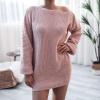 meilun Long-Sleeve Off-The-Shoulder Knit Dress Casual Loose-Fit Knit Dresses(Pink)