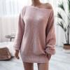 meilun Long-Sleeve Off-The-Shoulder Knit Dress Casual Loose-Fit Knit Dresses(Pink)