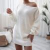 meilun Long-Sleeve Off-The-Shoulder Knit Dress Casual Loose-Fit Knit Dresses(White)
