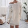 meilun Long-Sleeve Off-The-Shoulder Knit Dress Casual Loose-Fit Knit Dresses(White)