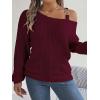 meilun Off Shoulder Bell Sleeve Pullover Sweater with Metal Buckles Daily(Red)