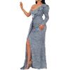 meilun One Shoulder Long Sleeve Sequin Dress for Women Ruffle Formal Evening Gowns Sparkly Maxi Dress(A-grey)