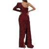 meilun One Shoulder Long Sleeve Sequin Dress for Women Ruffle Formal Evening Gowns Sparkly Maxi Dress(A-wine)