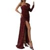 meilun One Shoulder Long Sleeve Sequin Dress for Women Ruffle Formal Evening Gowns Sparkly Maxi Dress(A-wine)