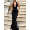 meilun Rosetta Maxi Dress Hanging Neck Deep V Waist Long Backless Fluttering Fishtail Dresses(Black)