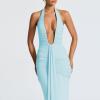 meilun Rosetta Maxi Dress Hanging Neck Deep V Waist Long Backless Fluttering Fishtail Dresses(Blue)