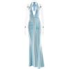meilun Rosetta Maxi Dress Hanging Neck Deep V Waist Long Backless Fluttering Fishtail Dresses(Blue)