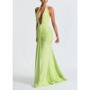 meilun Rosetta Maxi Dress Hanging Neck Deep V Waist Long Backless Fluttering Fishtail Dresses(Green)