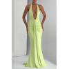 meilun Rosetta Maxi Dress Hanging Neck Deep V Waist Long Backless Fluttering Fishtail Dresses(Green)