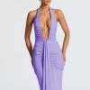 meilun Rosetta Maxi Dress Hanging Neck Deep V Waist Long Backless Fluttering Fishtail Dresses(Purple)