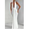 meilun Rosetta Maxi Dress Hanging Neck Deep V Waist Long Backless Fluttering Fishtail Dresses(White)