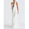 meilun Rosetta Maxi Dress Hanging Neck Deep V Waist Long Backless Fluttering Fishtail Dresses(White)