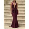 meilun Rosetta Maxi Dress Hanging Neck Deep V Waist Long Backless Fluttering Fishtail Dresses(Wine)