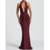 meilun Rosetta Maxi Dress Hanging Neck Deep V Waist Long Backless Fluttering Fishtail Dresses(Wine)