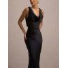 meilun Satin-Finish Fitted Bodycon Fishtail Dress with Backless Design(Black)