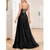meilun Sleeveless V-Neck with Mesh Formal Long Dress Lace-up Backless Sequin Evening Gowns Wedding Guest Dress(A-black)