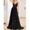 meilun Sleeveless V-Neck with Mesh Formal Long Dress Lace-up Backless Sequin Evening Gowns Wedding Guest Dress(A-black)