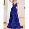 meilun Sleeveless V-Neck with Mesh Formal Long Dress Lace-up Backless Sequin Evening Gowns Wedding Guest Dress(A-blue)
