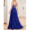 meilun Sleeveless V-Neck with Mesh Formal Long Dress Lace-up Backless Sequin Evening Gowns Wedding Guest Dress(A-blue)