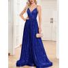 meilun Sleeveless V-Neck with Mesh Formal Long Dress Lace-up Backless Sequin Evening Gowns Wedding Guest Dress(A-blue)