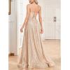 meilun Sleeveless V-Neck with Mesh Formal Long Dress Lace-up Backless Sequin Evening Gowns Wedding Guest Dress(A-champagne)