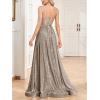 meilun Sleeveless V-Neck with Mesh Formal Long Dress Lace-up Backless Sequin Evening Gowns Wedding Guest Dress(A-grey)