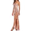 meilun Sparkly One Shoulder Sequin Formal Dress Evening Gowns High Slit Long Prom Dress(A-beige)