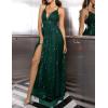 meilun Sparkly V Neck Sleeveless Maxi Dress for Women Chiffon A-line Prom Evening Gowns with Slit(A-green)