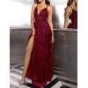 meilun Sparkly V Neck Sleeveless Maxi Dress for Women Chiffon A-line Prom Evening Gowns with Slit(A-wine)