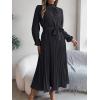 meilun Stand-up Collar Long-Sleeve Midi Dress with Tie-Waist and Pleats Versatile Casual Dress(Black)