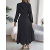 meilun Stand-up Collar Long-Sleeve Midi Dress with Tie-Waist and Pleats Versatile Casual Dress(Black)